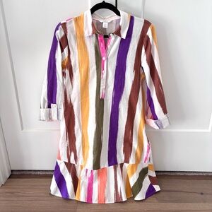 London Times Linen Blend Striped Shirt Dress
